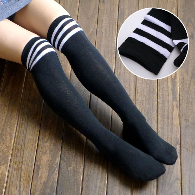 Fun Academy Style Cotton Thick Black and White Striped Stockings Three Bar Over-the-Knee White High Stockings Student Socks