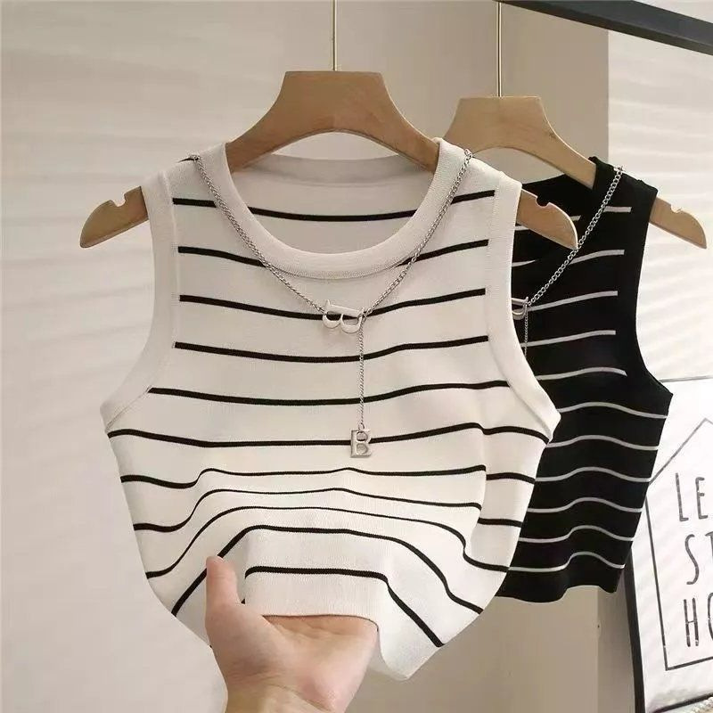 Square collar design versatile niche sleeveless striped vest women's summer new slim fit inner sweater top fashion