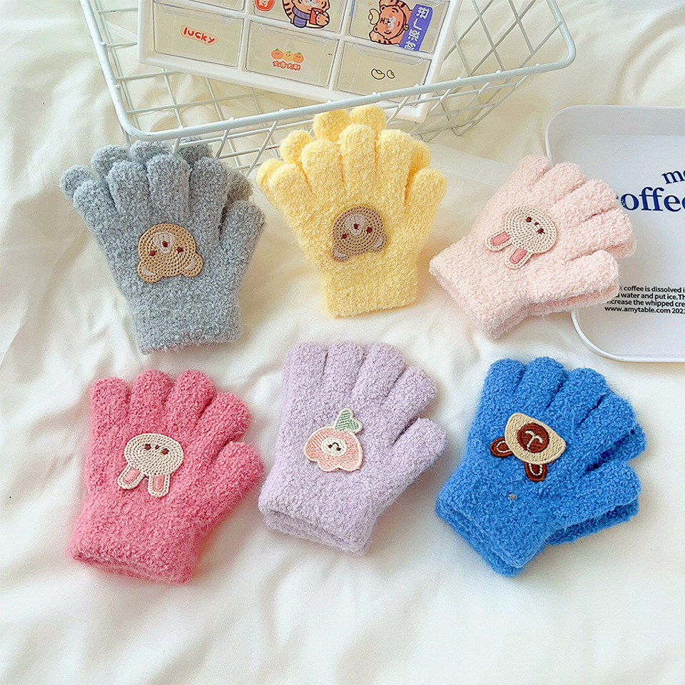 Picture of Korean cartoon children's warm gloves winter cold-proof granular velvet cute boys and girls knitted five fingers 1-3