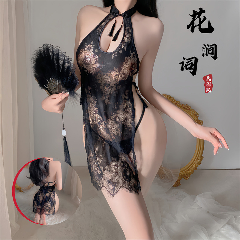 Night three o'clock women's sexy lingerie sexy lace hollow cheongsam uniform temptation perspective pajamas role play passion