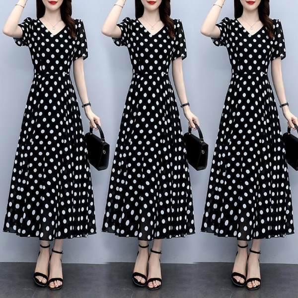 Picture of Summer 2024 New Fashionable Polka-Dot Chiffon Dress with Slim Waist and Western Style Long Over-The-Knee Long Skirt