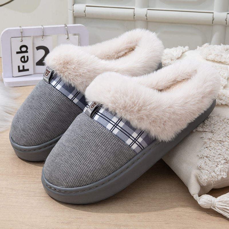 Cross-border cotton slippers for women, autumn and winter, indoor home thick-soled non-slip fleece lining for foot warming, odorless men's slippers