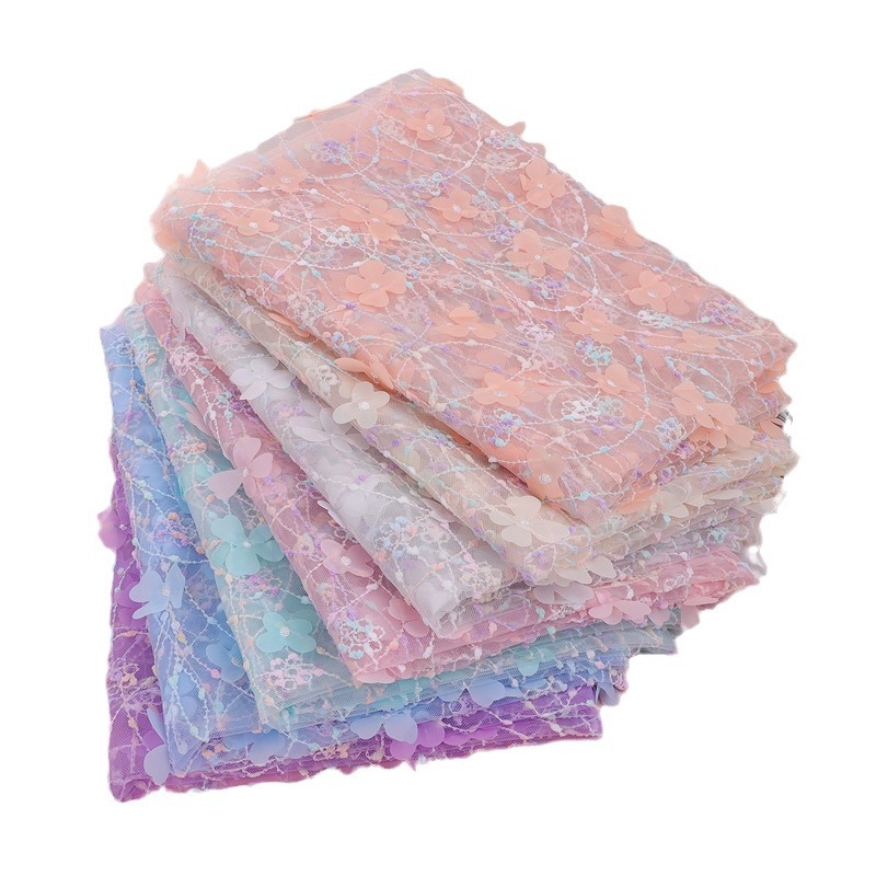 Picture of Rainbow Rope Embroider 3D Stereo Same Color Flower Mesh Fabric Embroider Children's Clothing Dress Accessories Embroider Fabric