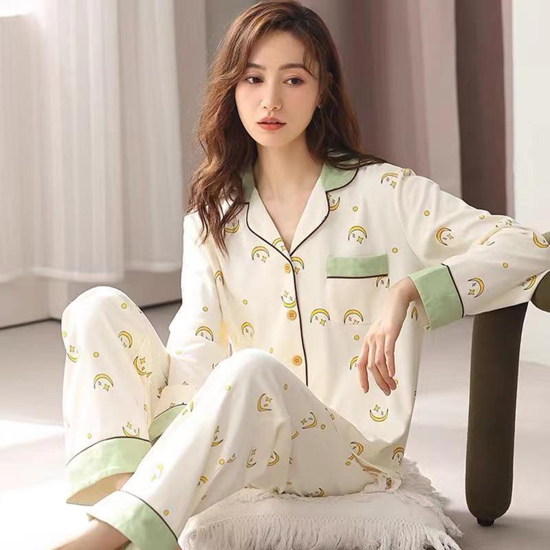 Pajamas Women's Spring and Autumn 100% Cotton Home Clothes Long Sleeve Trousers Cotton Cardigan Outwear Home Clothes for Middle-aged Mothers