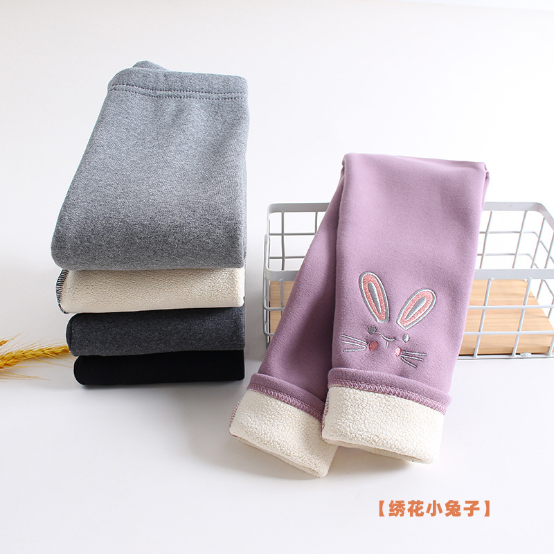 Picture of Winter Girls' Fleece-Lined Pure Cotton Children's Autumn and Winter Pants with Cartoon Bunny Embroidery, Thickened and Warm Baby Trousers