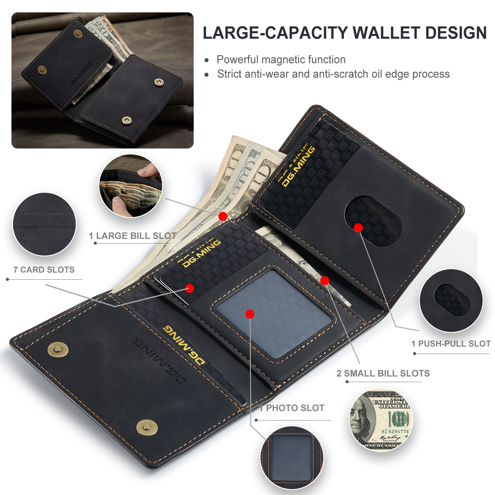 DG.MING Large Capacity Trifold Wallet Retro PU Wallet Card Bag Multifunctional Magnetic Small Wallet Clutch Black