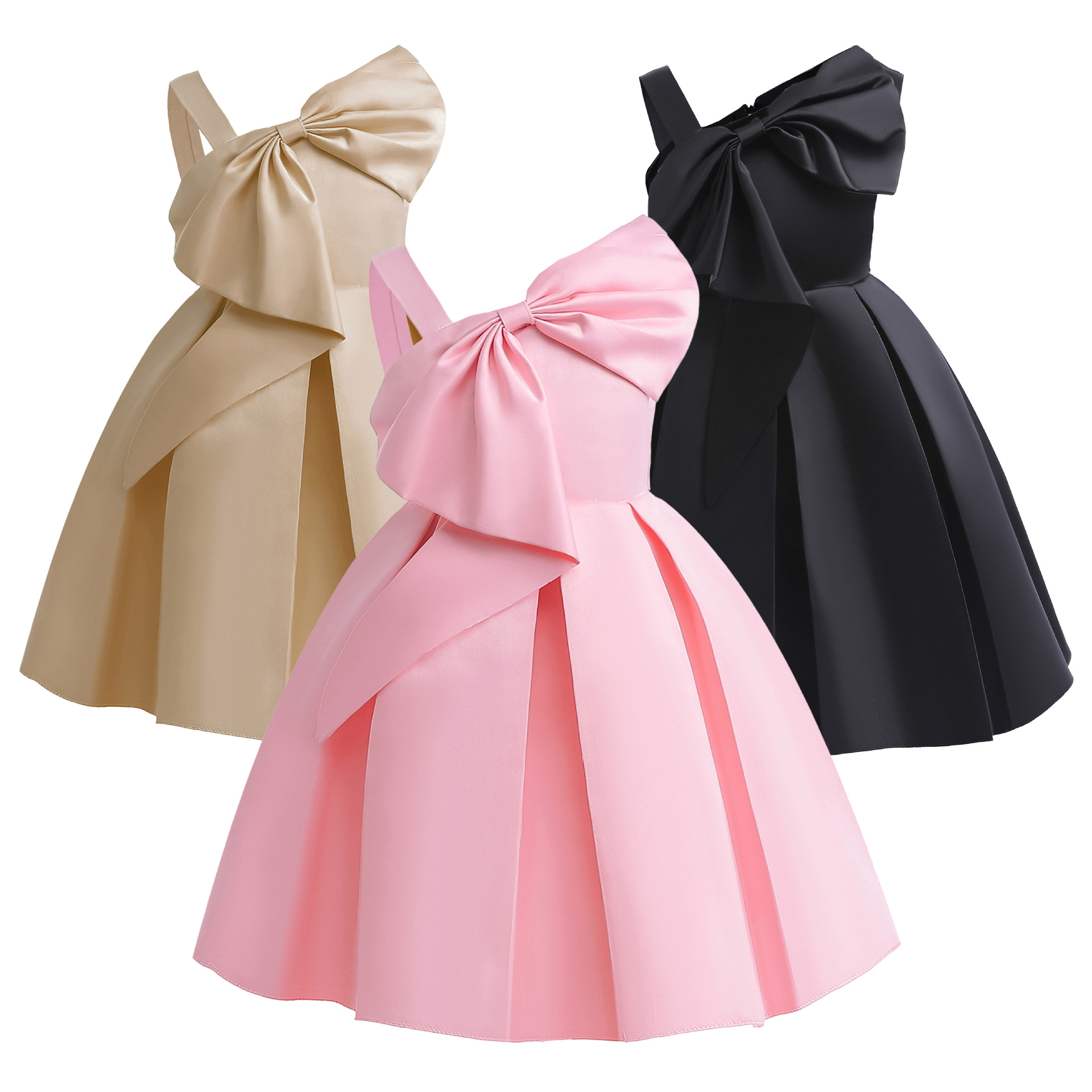 Picture of Girls' dress foreign trade new small black dress children's clothing pink solid color one-shoulder dress Western princess dress children's dress