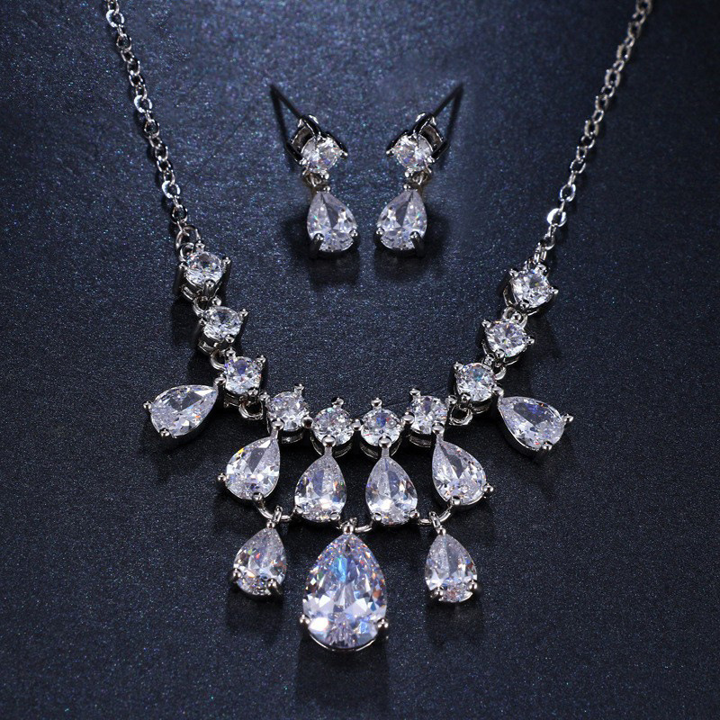 Cross-border hot supply zircon water drop pendant necklace earrings suit bridal jewelry dinner wedding dress accessories