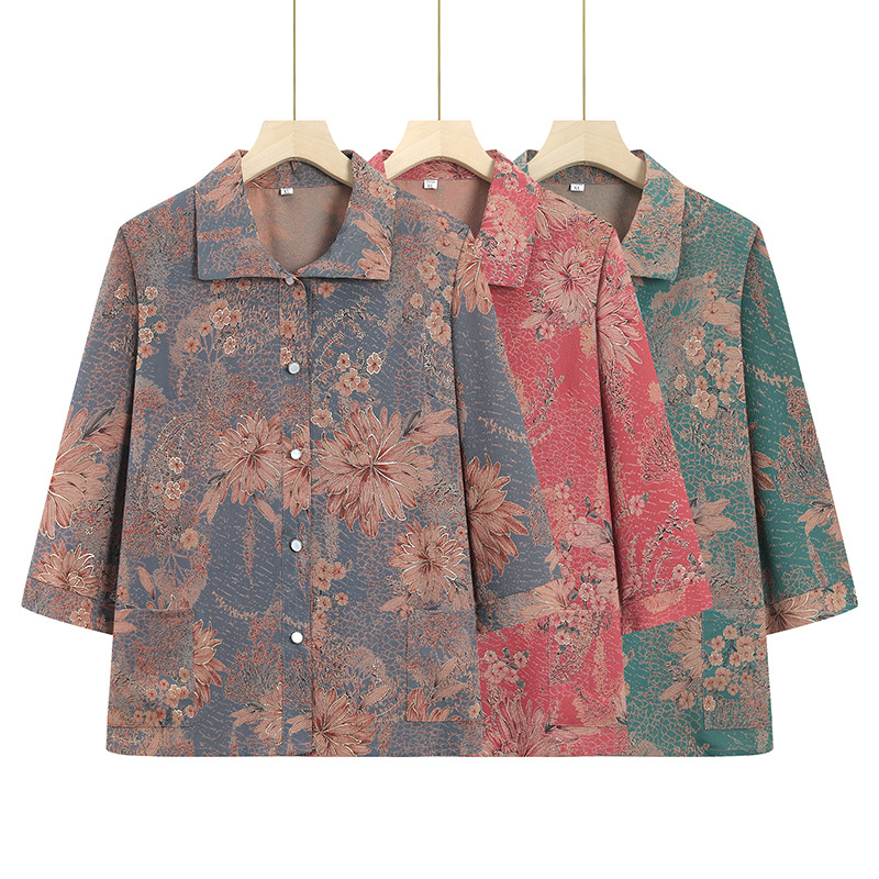 Grandma's summer mid-sleeve shirt for middle-aged and elderly women's shirt 70-year-old 80 mother lapel shirt for elderly