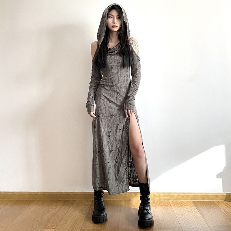 Fashion Trendy Style Hollow Shoulder Slimming dress Women's Hooded Waste Soil Hole Retro Elegant Slim-fit Long Dress Elegant