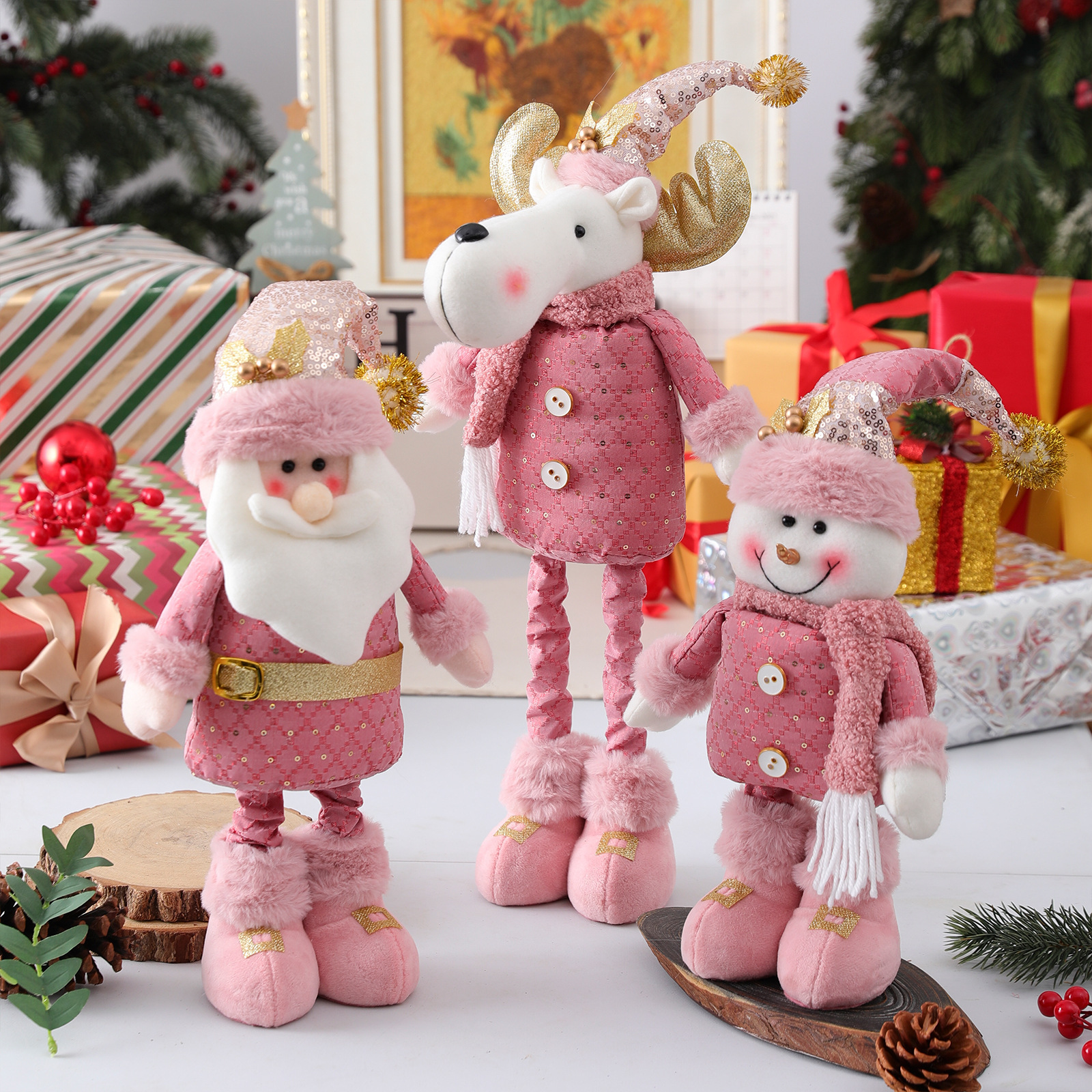 Cross-border Christmas New Pink retractable long leg Christmas theme snowman old Elk doll toy window decoration