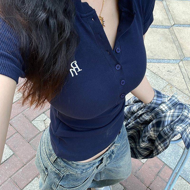 Chinese Retro Navy Blue Short-Sleeved Shirt for Women, Tight-Fitting, Slimming, Ladylike, Casual and Versatile Tops for Women