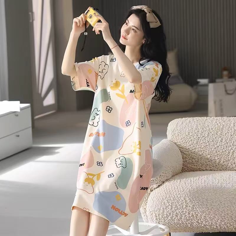 Picture of Pajamas for Women, Summer Korean Style, Women's Summer Nightgown, Short-Sleeved Women's Summer Home Wear Set, Student Plus Size Milk Silk
