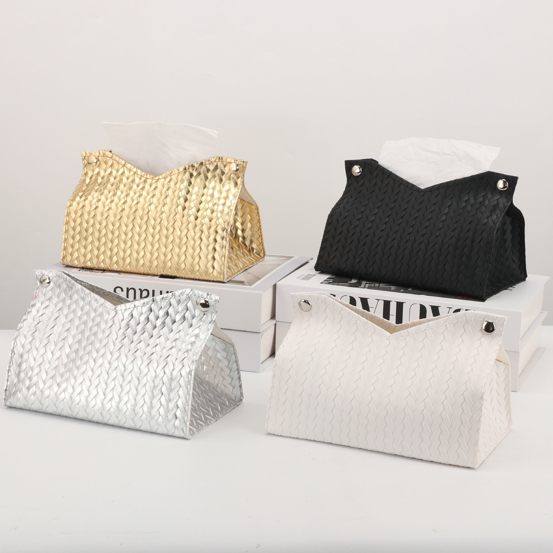 Shein Spot Direct Supply Woven Pattern Leather Tissue Box Home Creative Tissue Box Pu Leather Tissue Box Accessible Luxury