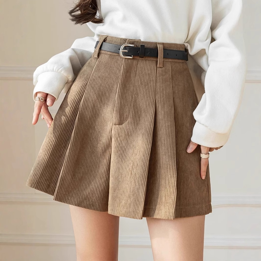 2024 Thickened Corduroy fleece-lined Pleated Skirt Pants Women's Autumn and Winter New High Waist Slimming All-match A- line Shorts Trendy