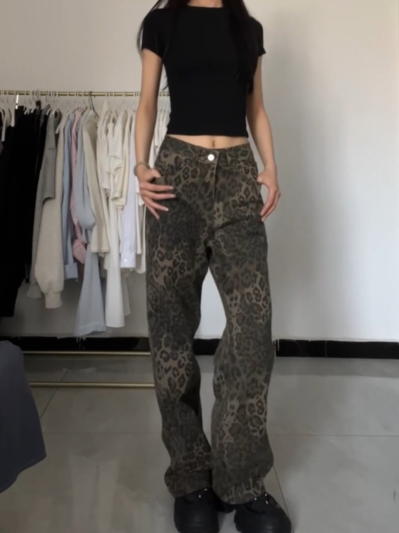 2025 Tall American Retro Leopard Print Wide Legs Slim Easiest for Match High Waist Jeans Women's Loose Straight-Leg Pants