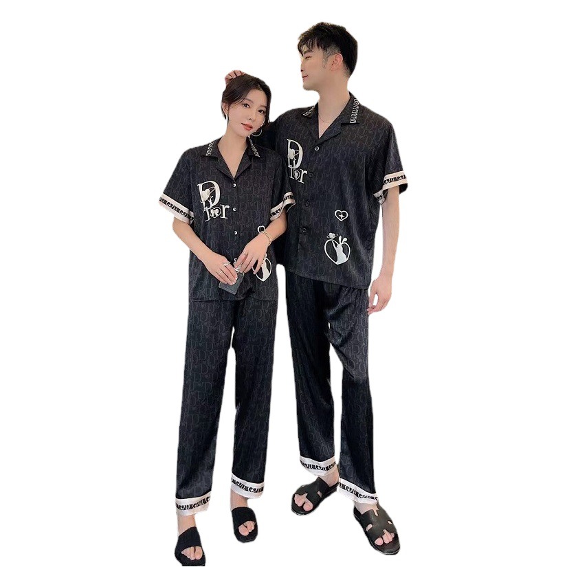 Spring and Summer Couple's New Silk Pajamas Women's 2023 Cross-border Explosions Short-sleeved Pants Home Suit Men's Suit