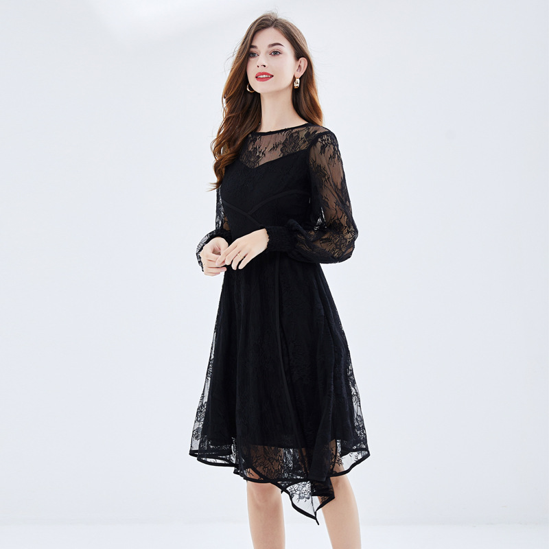 Picture of Spring and Summer New Sweet Style Large Size Young Dress Chubby Perspective Lace Wrap Lantern Sleeve Sun-proof Small Black Dress