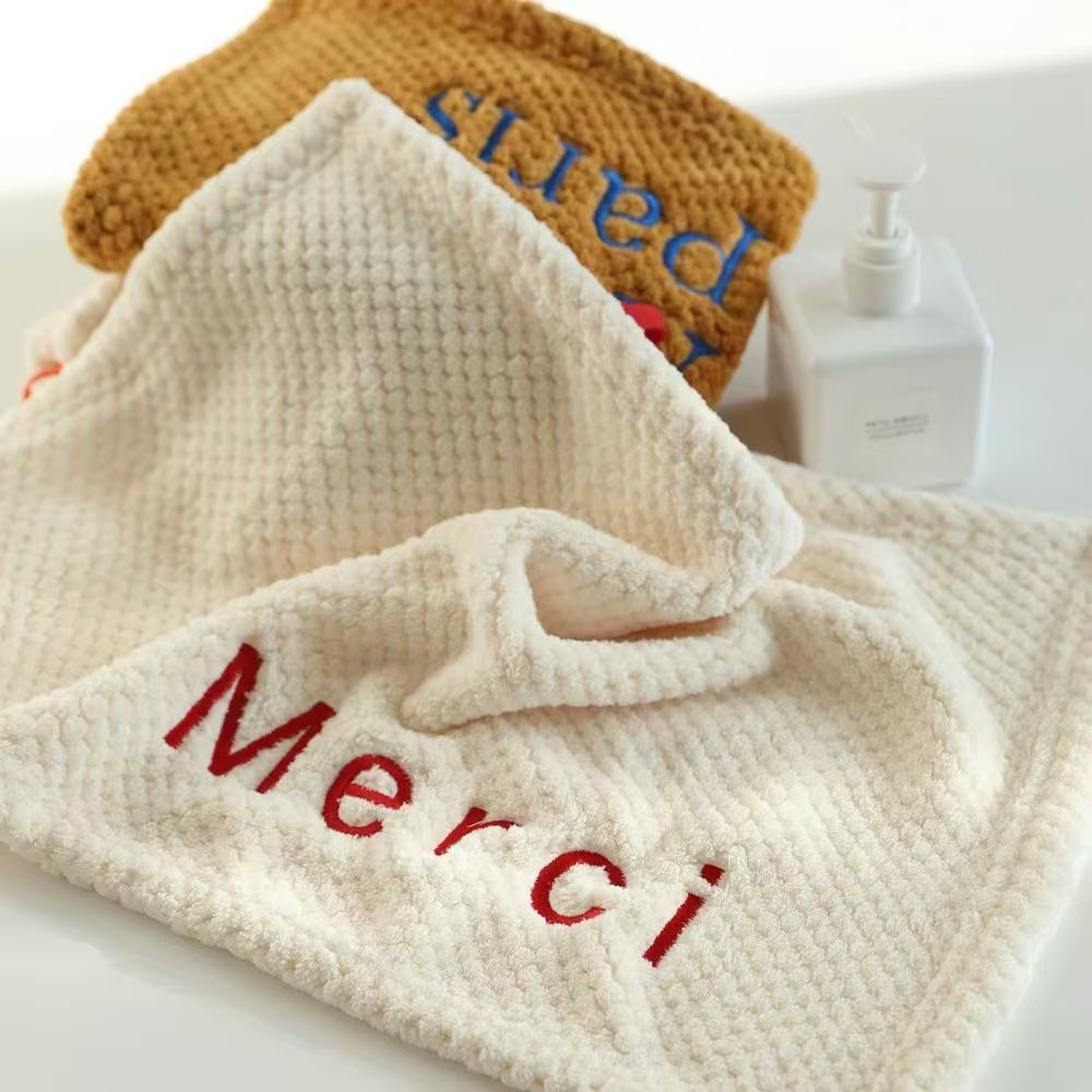 Coral Velvet Simple Ins-Style Square Towel with Letter Embroidery, Thickened Soft Absorbent French Letter Hand Towel