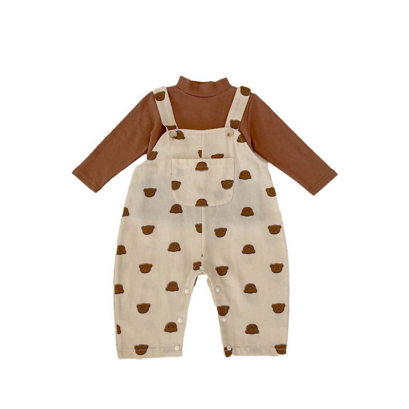 2024 spring and autumn baby jumpsuit suit cute bear pocket suspender pants solid color long sleeve bottoming clothes two-piece set