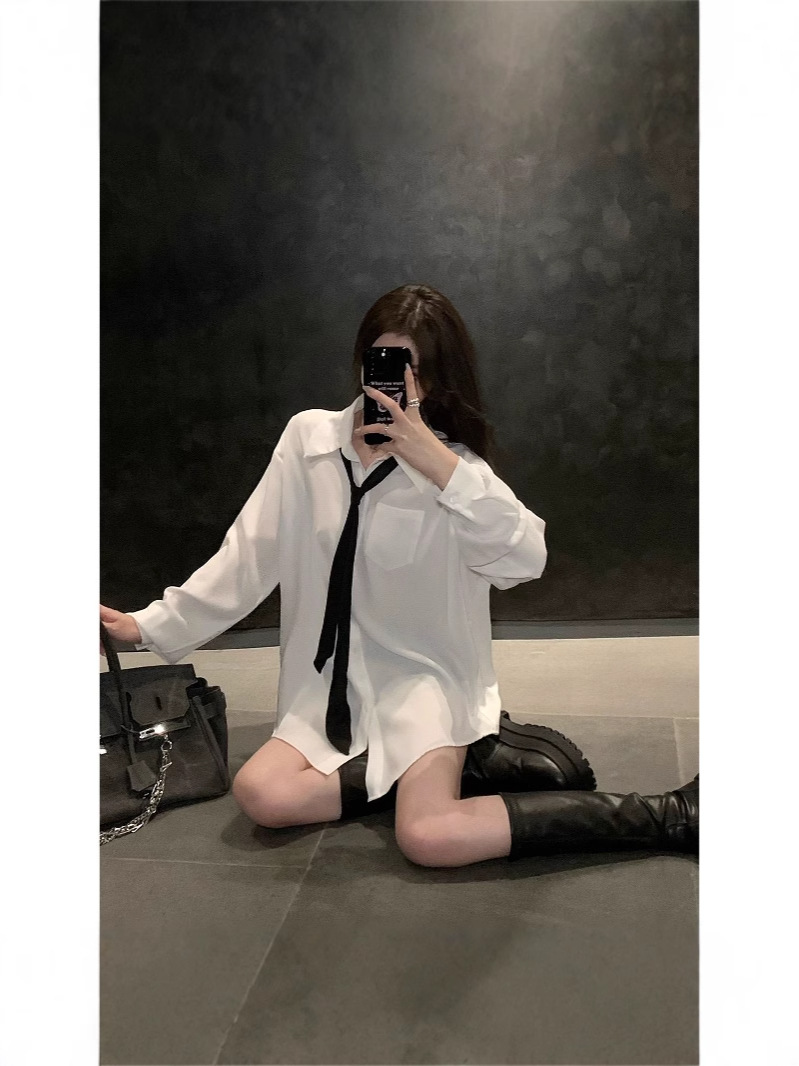 2024 Spring and Summer New Academic Style Tie Loose White Shirt Women's High-end Chic Mid-length Shirt Top