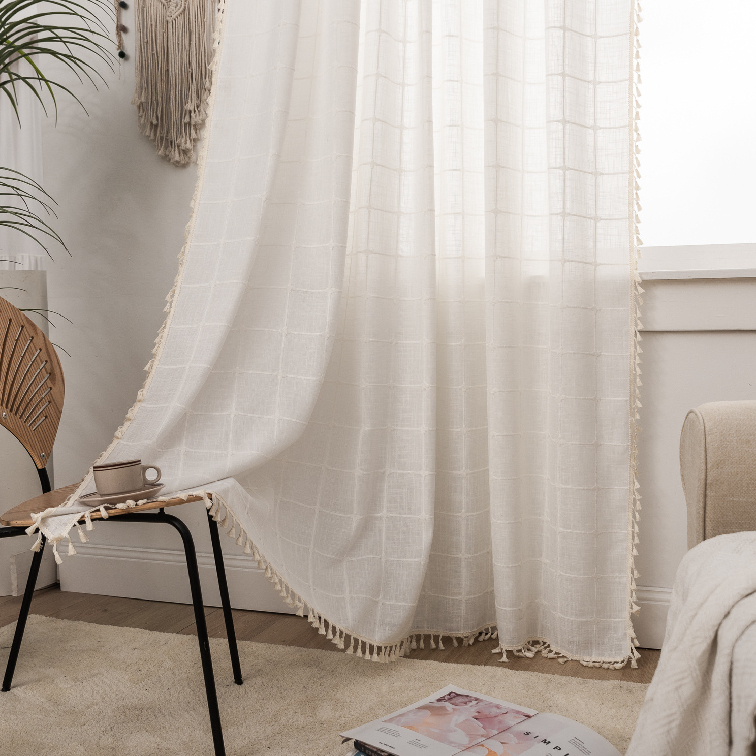 Curtain Finished Products US Cross-border Exclusive for Amazon INS Cotton and Linen Plaid Milk White Tassel Bay Window Curtain Factory