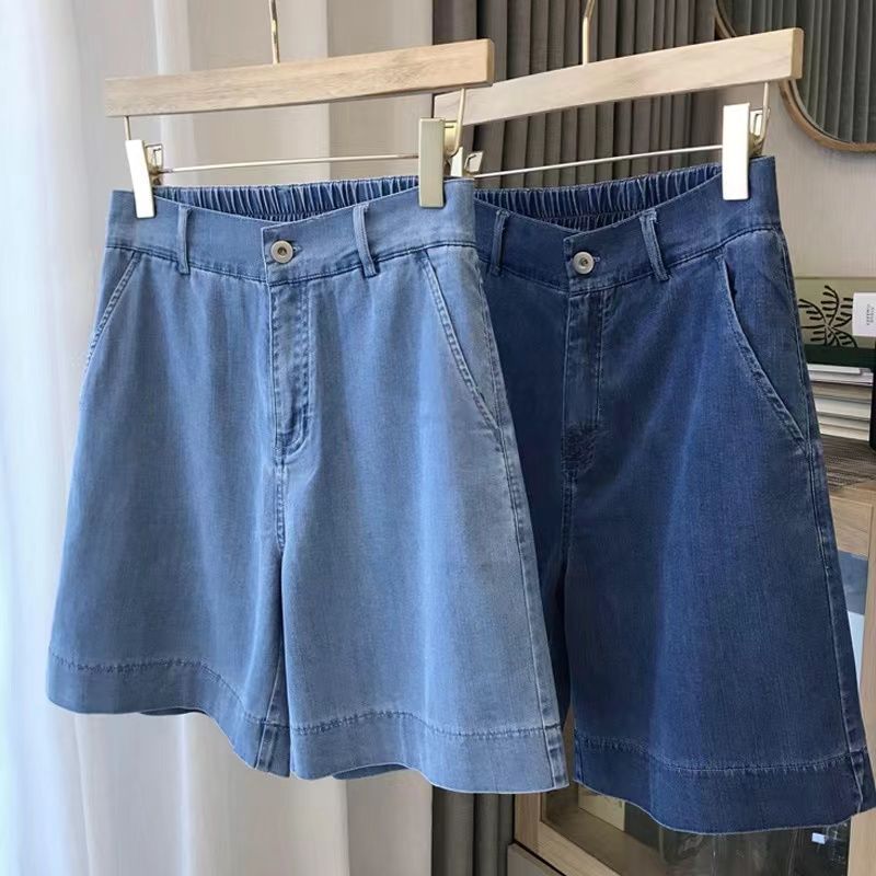 Plus Size Pear-shaped Body Tencel Denim Shorts for Women Summer Thin Loose Slimming Look High Waist Straight Wide Leg Five-quarter Pants