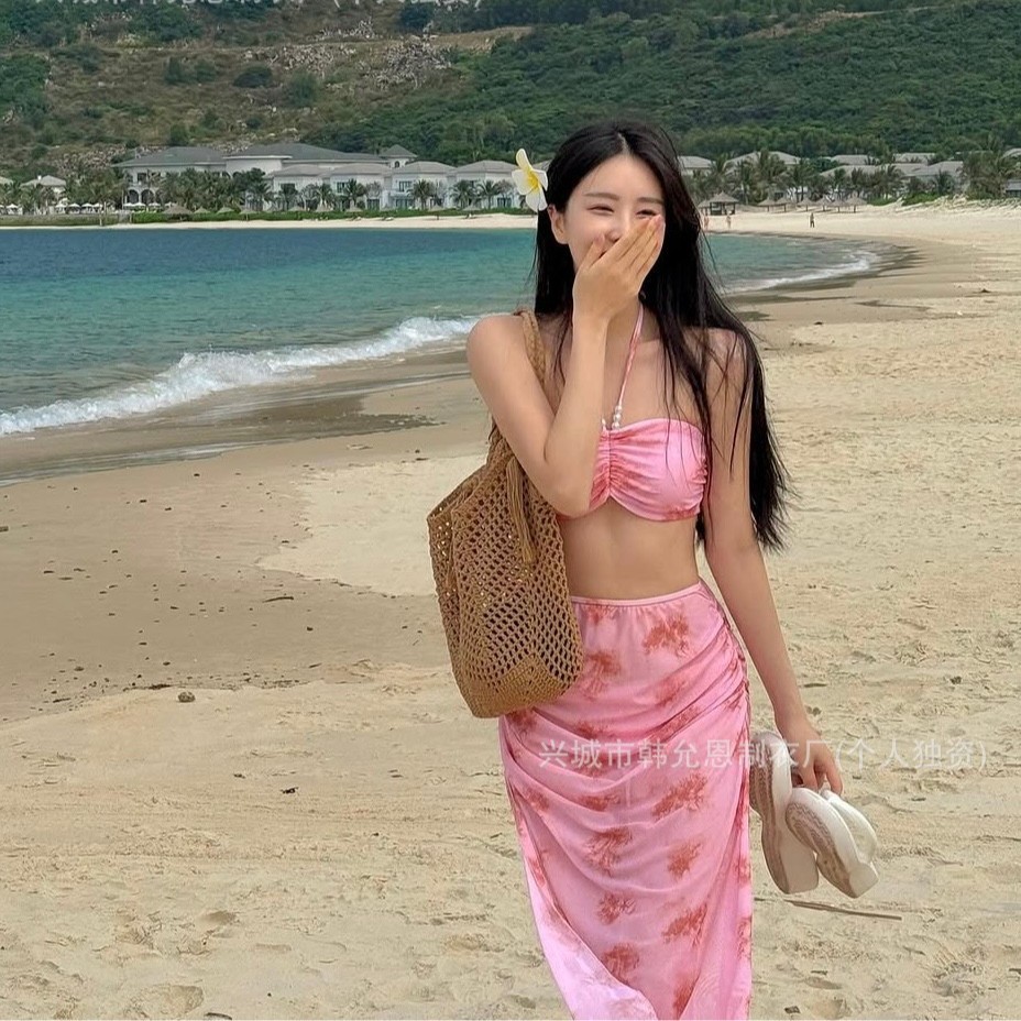 2025 New Style Flower Color Smudged Bikini Long Skirt Sexy Swimsuit Slimming Look Belly-Covering Small Breasts Hot Spring Swimsuit for Women