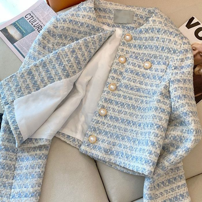 Picture of Blue Tweed Jacket for Women 2025 Spring and Autumn French Style Elegant Pearl Button Tweed Short Jacket