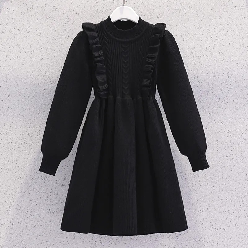 Primary and Middle School Students Autumn and Winter New Temperament Ladies dress Girls Fashion Solid Color Long Sleeve Knitted Sweater Skirt