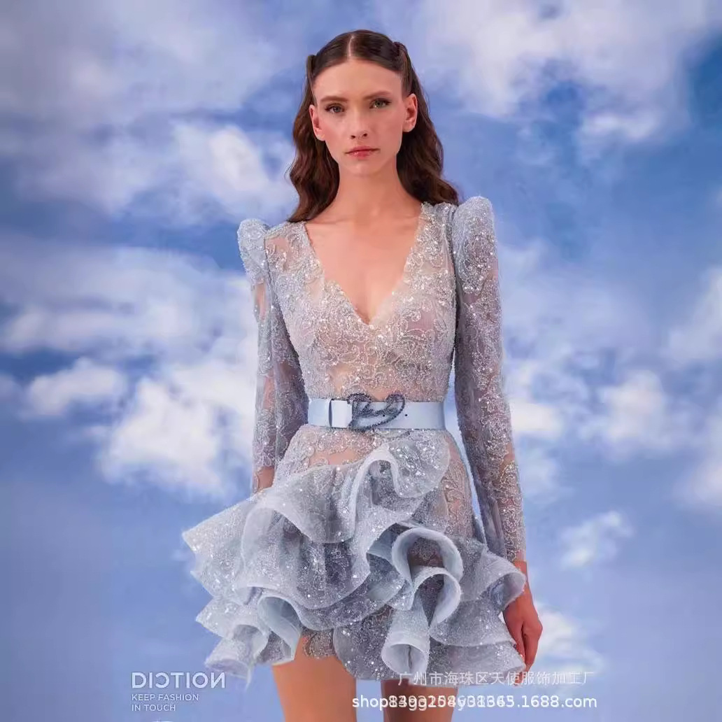 European and American fashion deep V-neck see-through ruffled waist-tied sexy ultra-short hot girl fashion dress