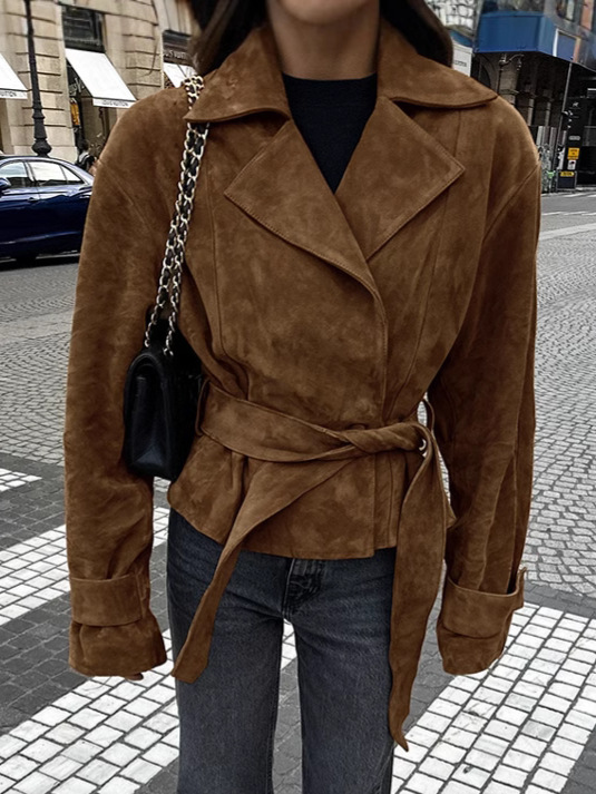 French Suede Suit Collar Casual Double-Breasted Outwear 2025 European and American Autumn and Winter Fashion New Frosted Velvet Outwear