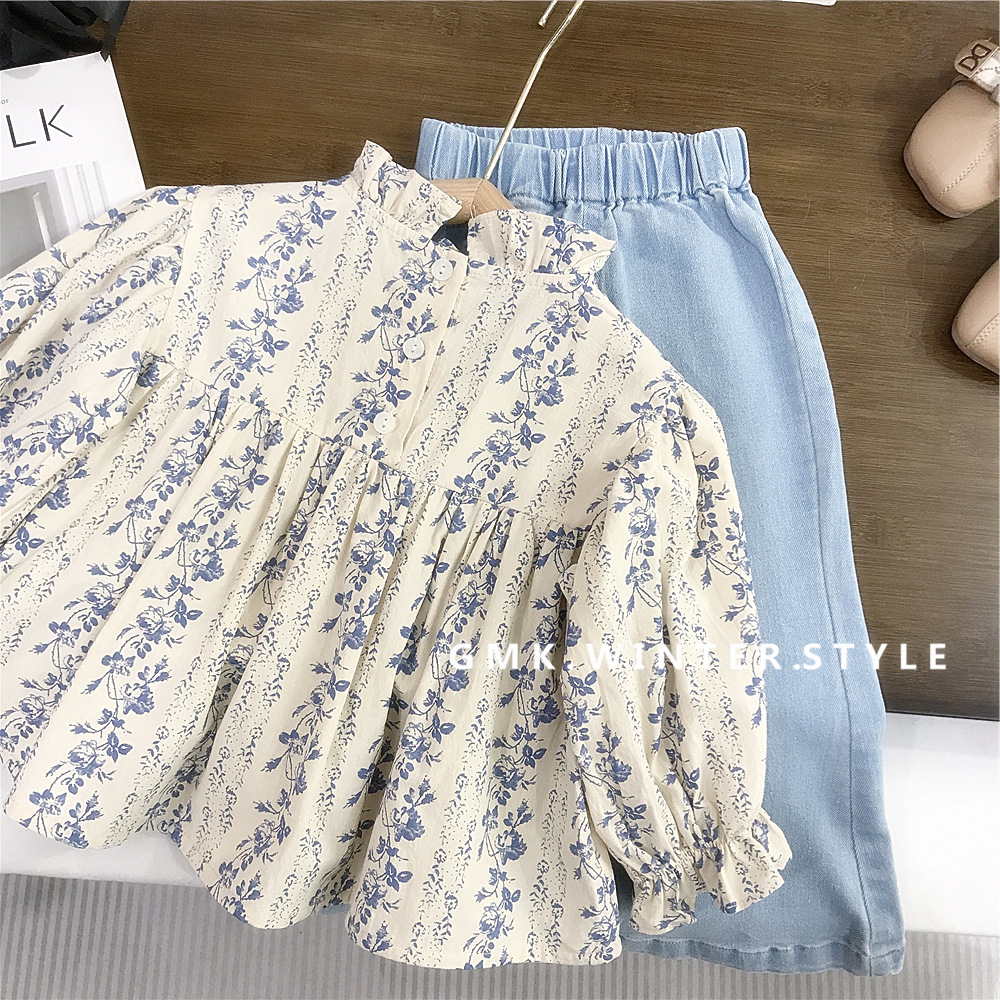 South Korea Children's Wear Girls' Floral Shirt Top New Children's Denim Flared Pants Baby Girl Shirt Spring and Autumn