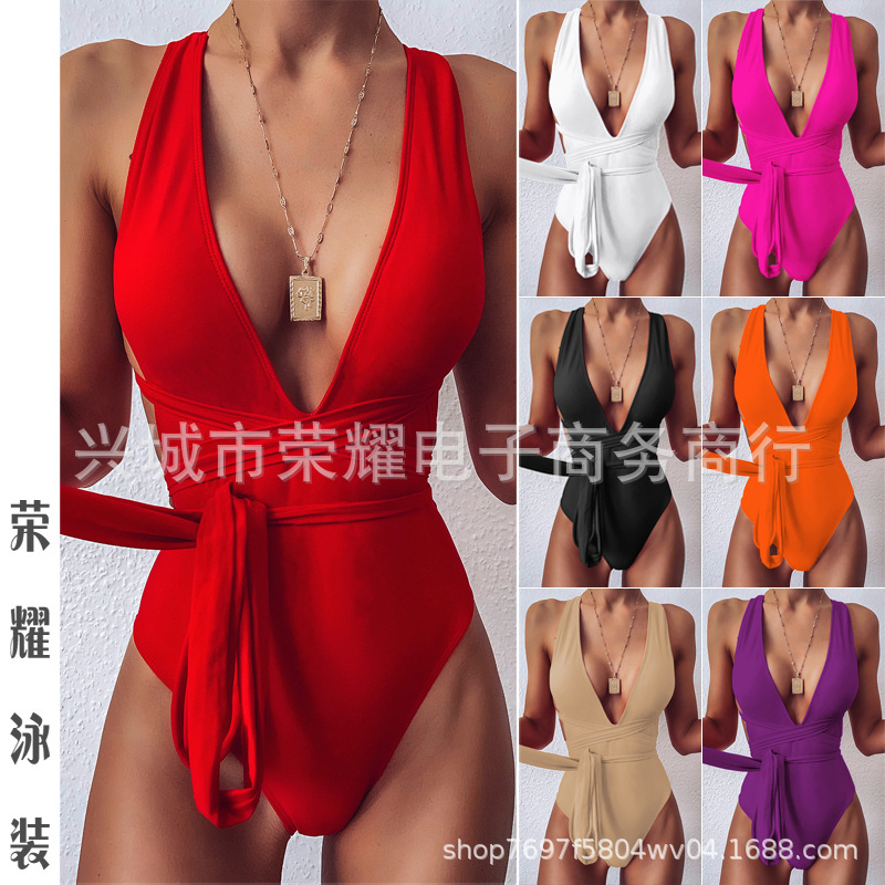 New cross-border foreign trade Amazon plus size one-piece swimsuit women's conservative swimsuit multi-color in stock lace-up sexy backless