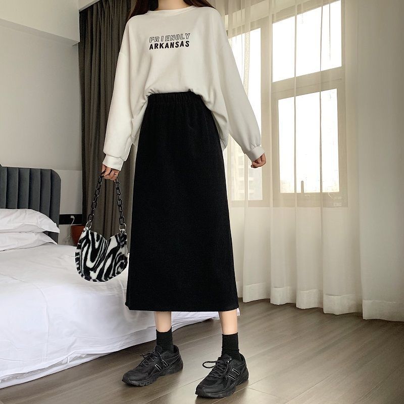 2022 Autumn and Winter Large Size Corduroy Skirt for Chubby Girls Women's High Waist Mid-Length Split A- Line Skirt Black Hip Skirt