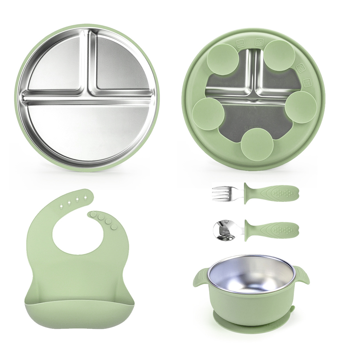 Picture of Cross-Border Baby Dinner Plate Baby Suction Cup Kidsren's Tableware Set Divided Plate Anti-Fall 304 Stainless Steel Silicone Bowl