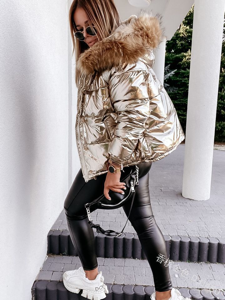 Picture of Cross-border European and American Amazon Hooded Slim-fit Short cotton-padded jacket Bright PU Solid Color Fashion Warm Zipper cotton-padded jacket