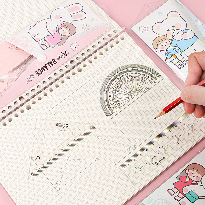 Picture of Student Cartoon Set of Rulers, Cute Children's Stationery, Multifunctional Ruler Set, Triangle Plate, Protractor, Ruler Wholesale
