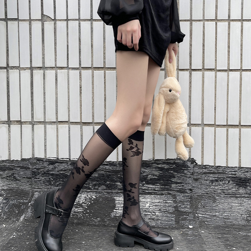 Picture of Silk stockings summer socks knee socks small polka dot half white half jk tide socks ins ladies black ultra-thin