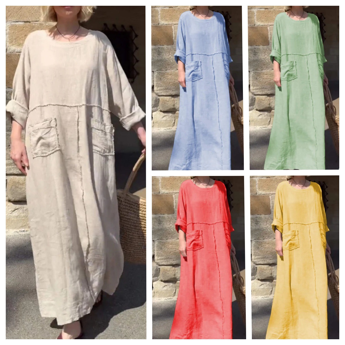 Summer Women's Solid Color Round Neck Cotton and Linen Long-Sleeve Casual Ruched Dress with Double Side Pockets, Loose European and American Style