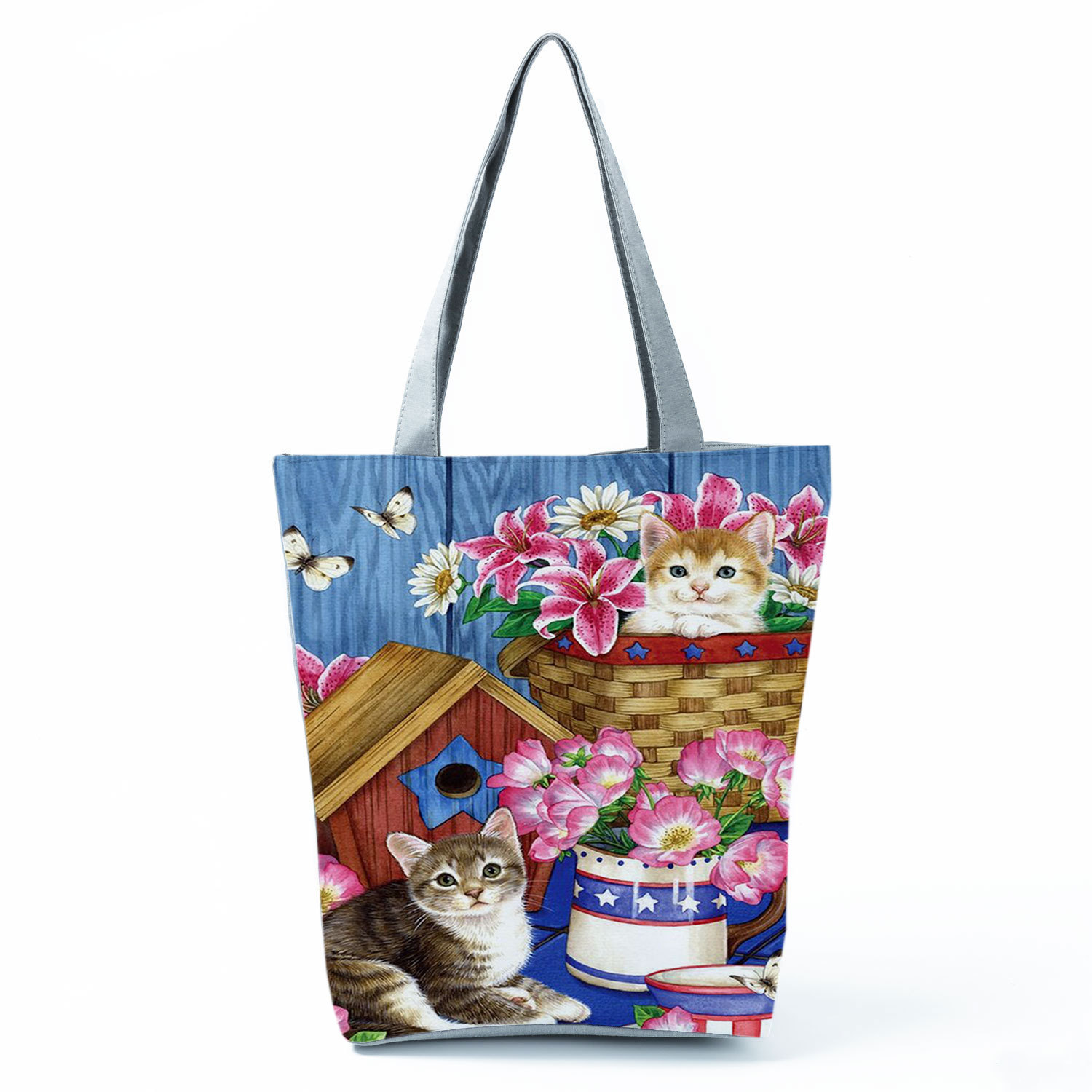 Picture of New cute flower cat printed shoulder bag portable travel storage bag large capacity outdoor tote bag