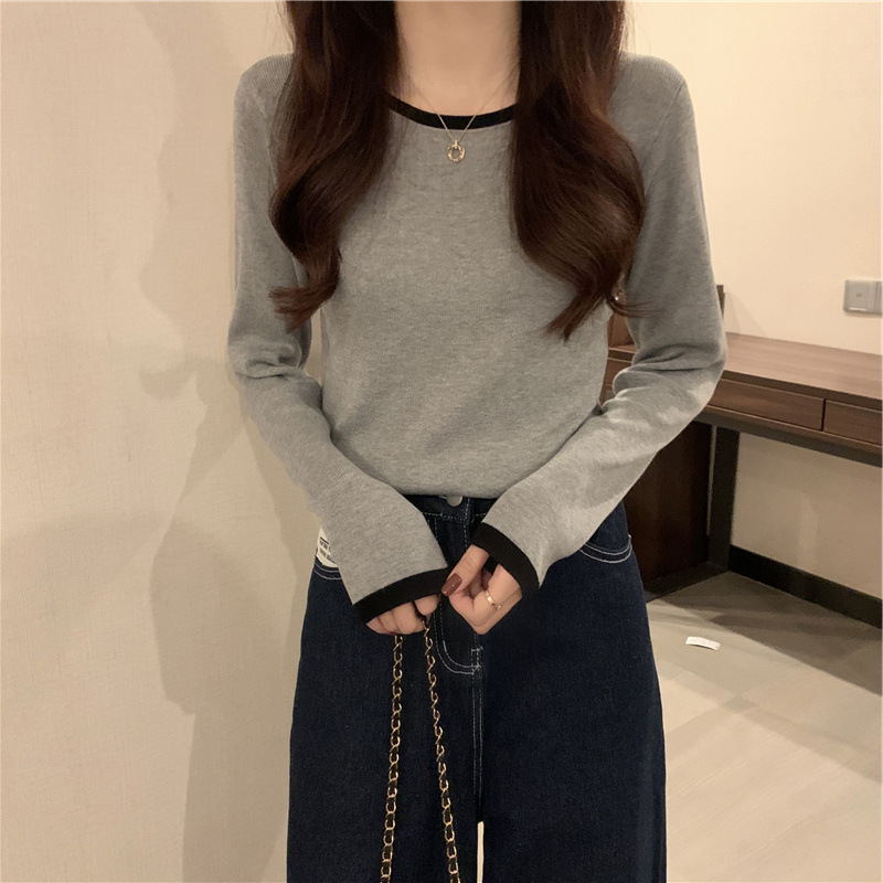 Picture of Intercolor Bottoming T-Shirt for Women in Autum New Long-Sleeved Niche Design Slim Round Neck Short Thin Top Wholesale
