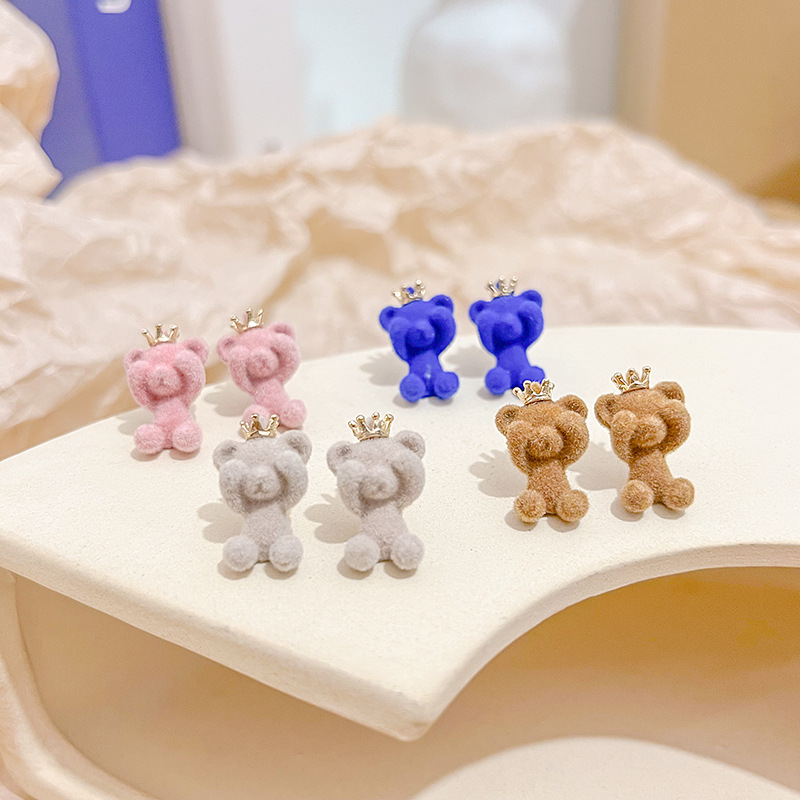 Silver needle Japanese and Korean style candy color cute plush bear earrings exquisite crown fun girl earrings wholesale earrings