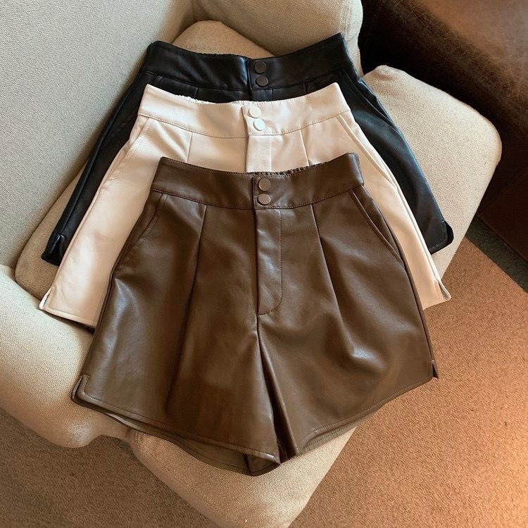 Black PU leather shorts for women, 2025 new spring/autumn hot girl casual high-waist slimming loose wide-leg shorts