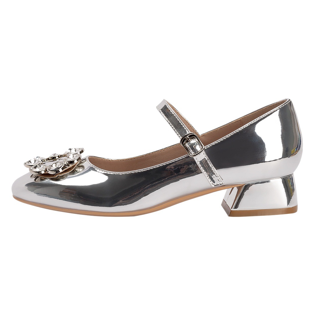 Silver Mary Jane Shoes for Women 2024 Metal Rhinestone Square Buckle Chunky Low Heel Square Toe Shallow Single Shoes Square Toe Single Shoes