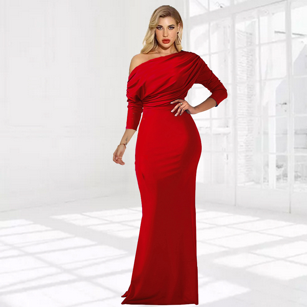 Picture of AliExpress wish Amazon foreign trade new women's European and American pleated dress evening dress long sleeve dress