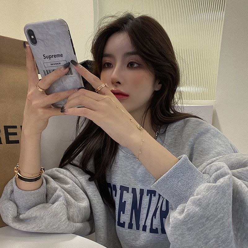 fleece-lined Crewneck Sweatshirt Women's Winter Korean Style Women's Casual Loose Top Couple's Coat Thickened T-shirt Women's Clothing