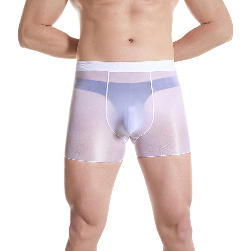 Qing He Men's Oil Shaped Silk Stockings Underwear U-shaped Pocket High Elastic Ultra-thin Sexy Transparent Oil Shaped Silk Sports Shorts