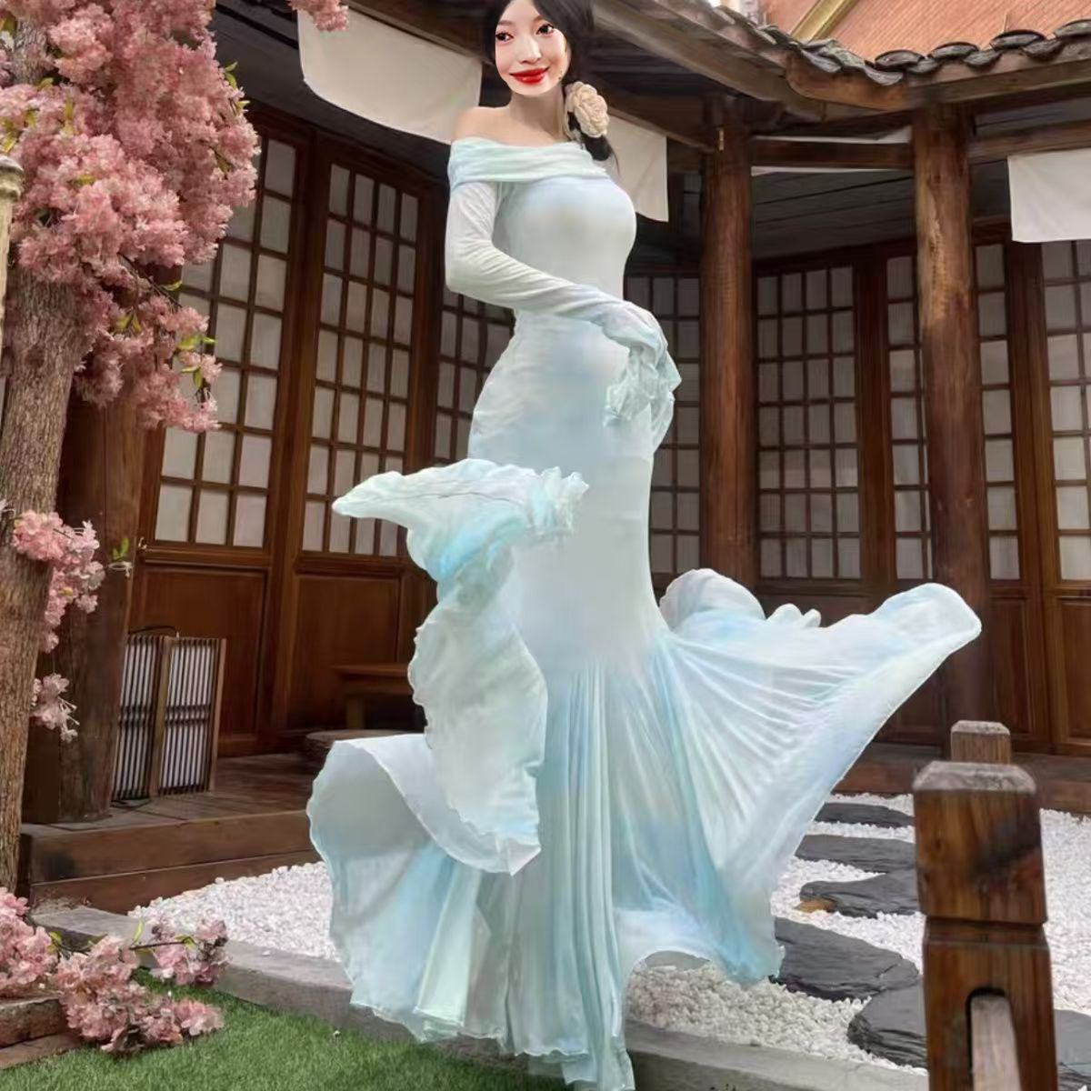 Fat girl feels beautiful plus size micro fat girl water color shoulder horn sleeve dress new sexy hip fish skirt