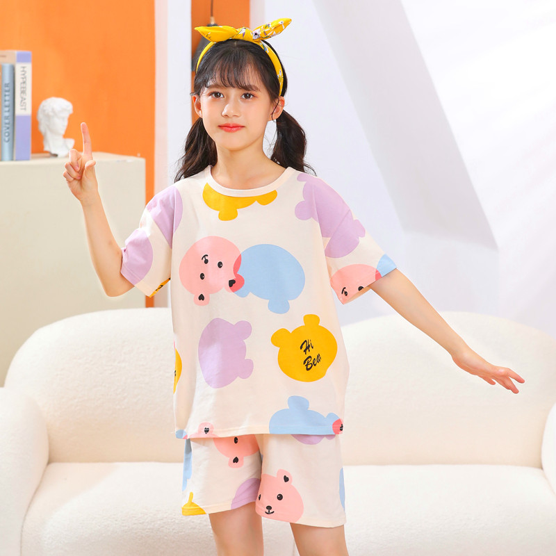 Picture of 2024 New Kidsren's Summer Short-Sleeved Suit Home Clothes Pajamas Pure Cotton Thin Air-Conditioned Clothes Princess Girls Baby